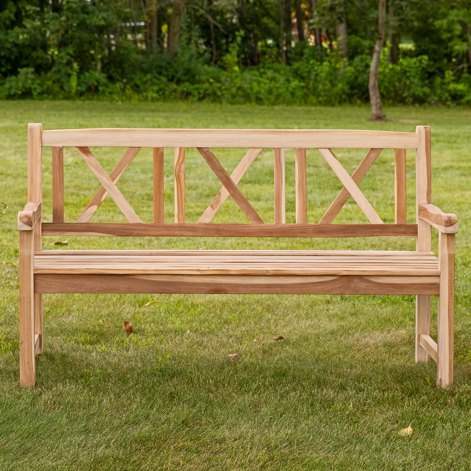Sunnydaze 2-Person Outdoor Bench for Front Porch or Park - Wooden Teak Patio Garden Bench with Backrest - 675 lb Weight Capacity - Crossback