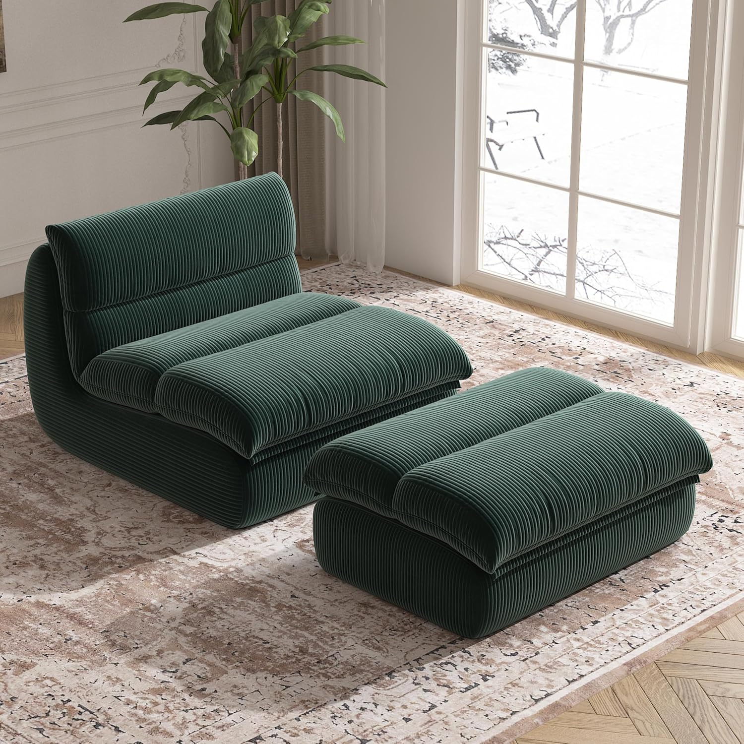 YVDNHP Bean Bag Chair with Ottoman, Cozy Comfy Reading Nook Chairs, Ultra Soft Corduroy Fabric Bean Bag Chairs for Adults, Reading Chair with Ottoman for Living Room, Bedroom Apartment (Green)