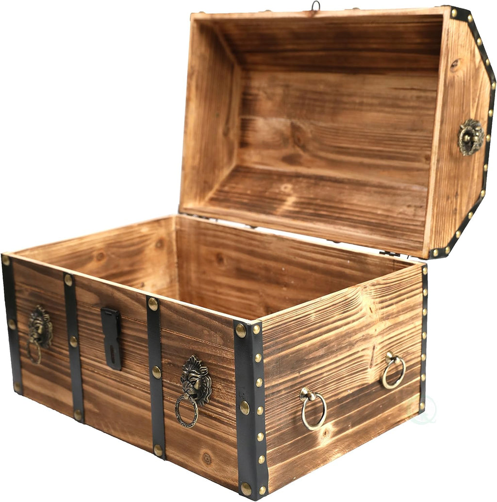Vintiquewise Wooden Treasure Chest Trunk Vintage-Style Storage Box with Leather Straps Brass Rivets Lion Head Ornaments & Latch Closure Decorative Accent and Functional Organizer for Home Décor, Small