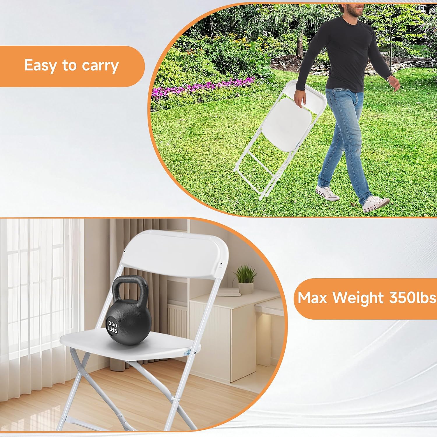100 Pack Plastic White Folding Chairs with 350LBS Capacity, Foldable Commercial Seat with Steel Frame, Portable Indoor Outdoor Chairs for Office, Party, Events, Wedding, Kitchen, Dinning, School