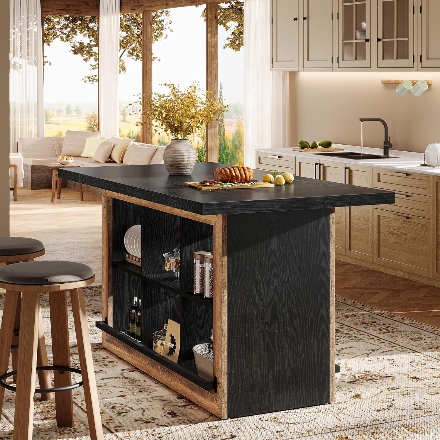 Tribesigns Kitchen Island with Storage, Counter Height Kitchen Island Table with 6 Open Cubbies and Footrests, Coffee Bar Table for Dining Room, Black&Brown