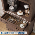 GarveeHome 72 in Tall Kitchen Pantry Cabinet, Kitchen Hutch Bar Cabinet with Microwave Stand, Cupboard with Drawers & 2 Glass Doors for Dining Room, Living Room, Kitchen, Dark Brown