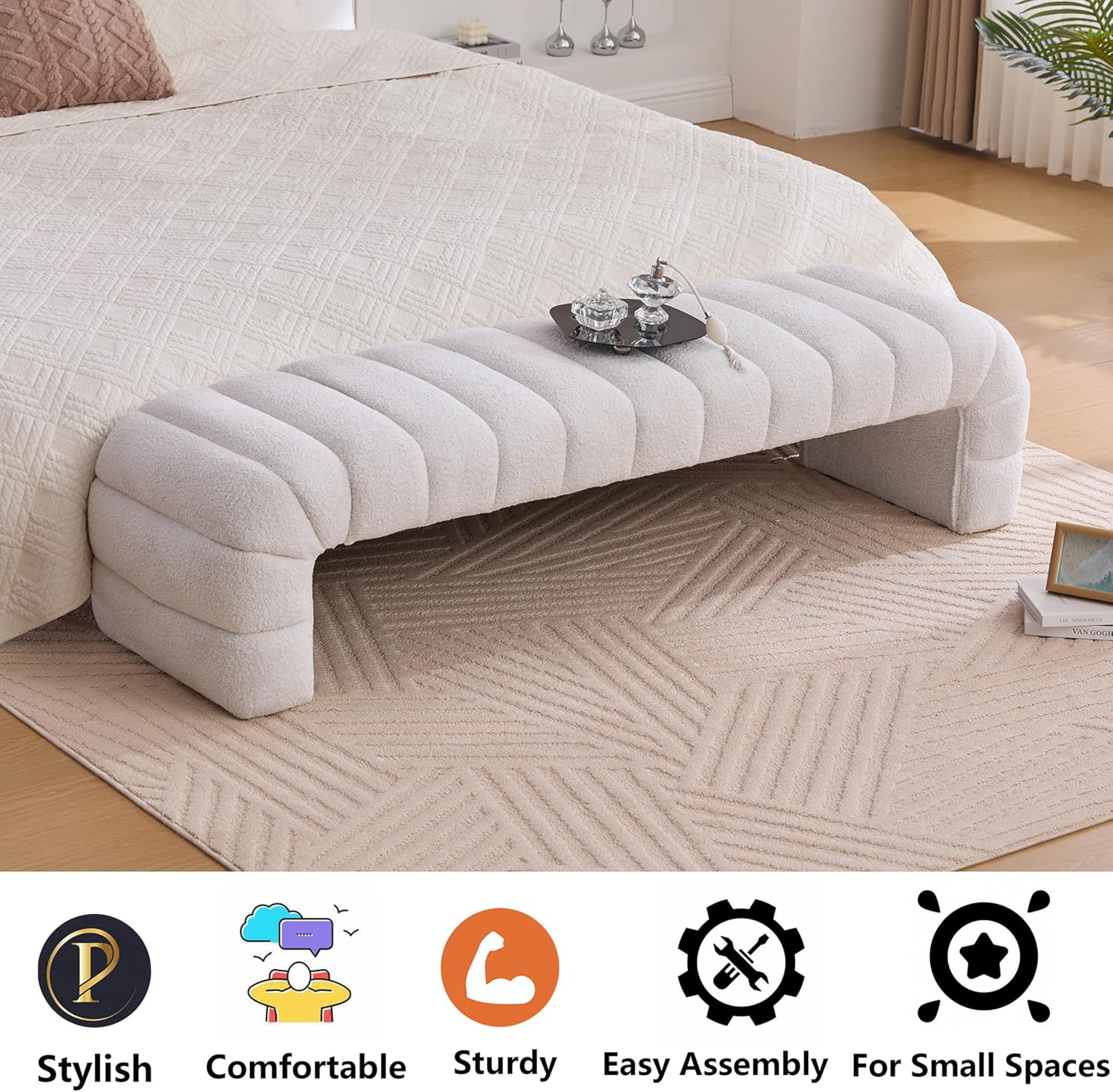 Arched Ottoman Bench for Bedroom Living Room,69.7" Chenille Long Benches for Bed End King Size,Modern Channel Tufted Seating Bench for Entryway,Window,Bedside (Ivory, 69.7")