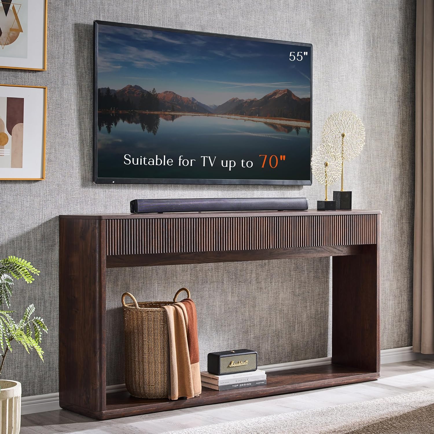 OKD 63" Fluted Console Table for Entryway, Modern Entryway Table with 2 Large Drawers, Long Sofa Table Behind Couch for Living Room, Hallway, Couch, Foyer，Dark Walnut