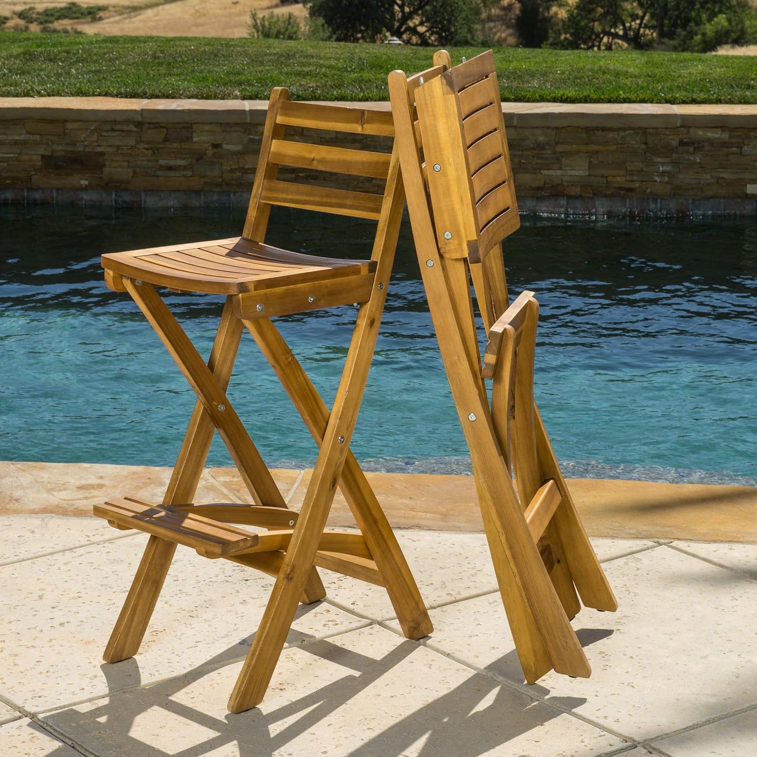 Christopher Knight Home Atlantic Outdoor Folding Wood Bar Stools | Acacia Wood Barstool Set of 2, 31" Seat Height, 2 PCS Outdoor Folding Chair for Garden, Porch, Poolside