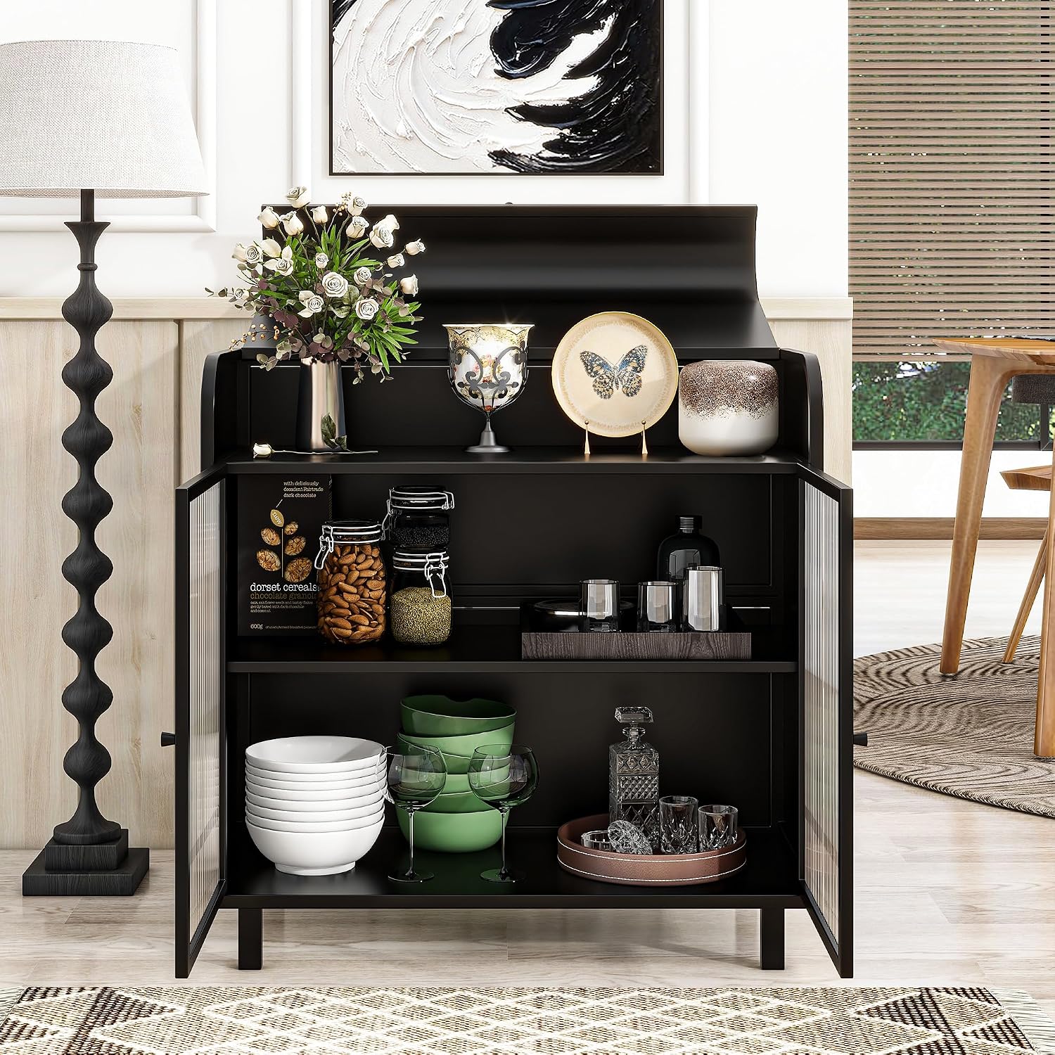 KEIKI 31" Kitchen Pantry, Modern Sideboard Buffet Cabinet with Figured Glass Doors & Flip Top & Open Shelves, Spacious Industrial Metal Organizer for Living Room & Kitchen