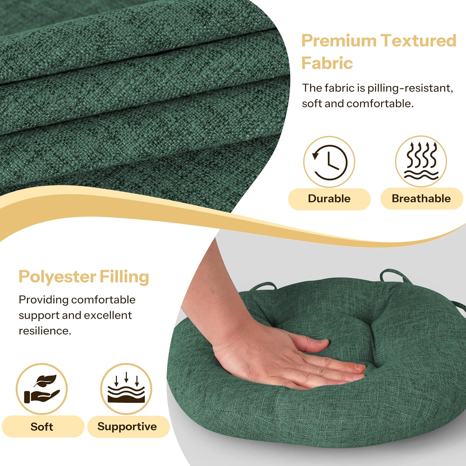 Round Chair Cushions with Ties 16" x 16" x 3" Thick Round Cushions Set of 2 for Indoor Furniture Comfy Circle Seat Pads for Kitchen Dining Room Green