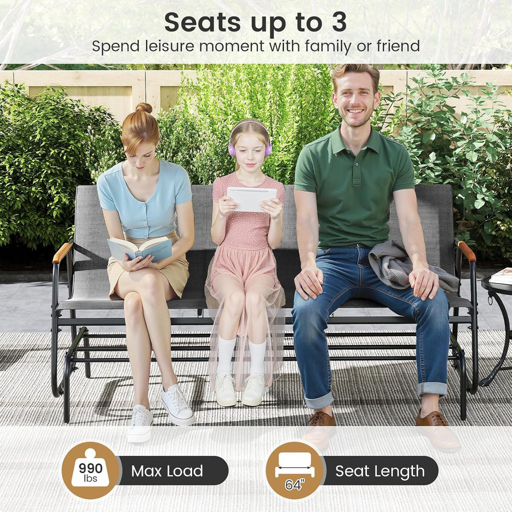 Tangkula 3-Person Outdoor Glider Bench, Patio Gliding Loveseat with Breathable Fabric Seat, Curved Teak Wood Armrests and Metal Frame, Swing Rocking Chair for Backyard (Grey, 3 Seat)
