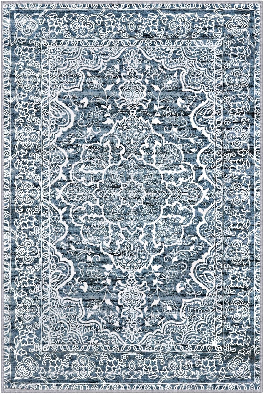 KUTA Entryway Rugs Indoor Non-Slip Washable Small Area Rug 2x3 Blue Entrance Carpet Soft Printed Vintage Floral Distressed Tribal Farmhouse Low-Pile Door Mat for Bedroom Kitchen