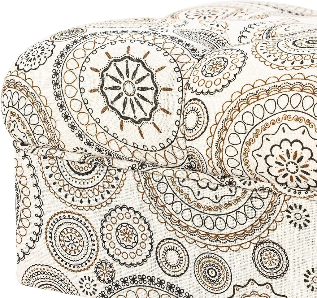 Adeco 20-inch Tufted Ottoman Stool with Wood Legs, Upholstered Foot Rest for Living Room & Bedroom, Mid-Century Boho Accent Stool, Teal Paisley Floral