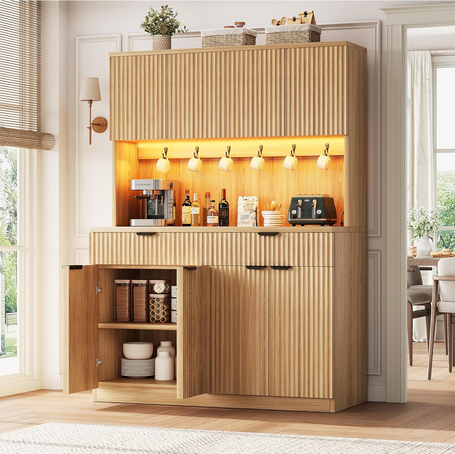 Jocoevol Fluted Kitchen Pantry Storage Cabinet with Charging Station/LED Light/Doors/Shelves, 71'' Tall Kitchen Food Hutch with Microwave Stand for Dining Room Living Room (Natural, 47 * 15.7 * 71)