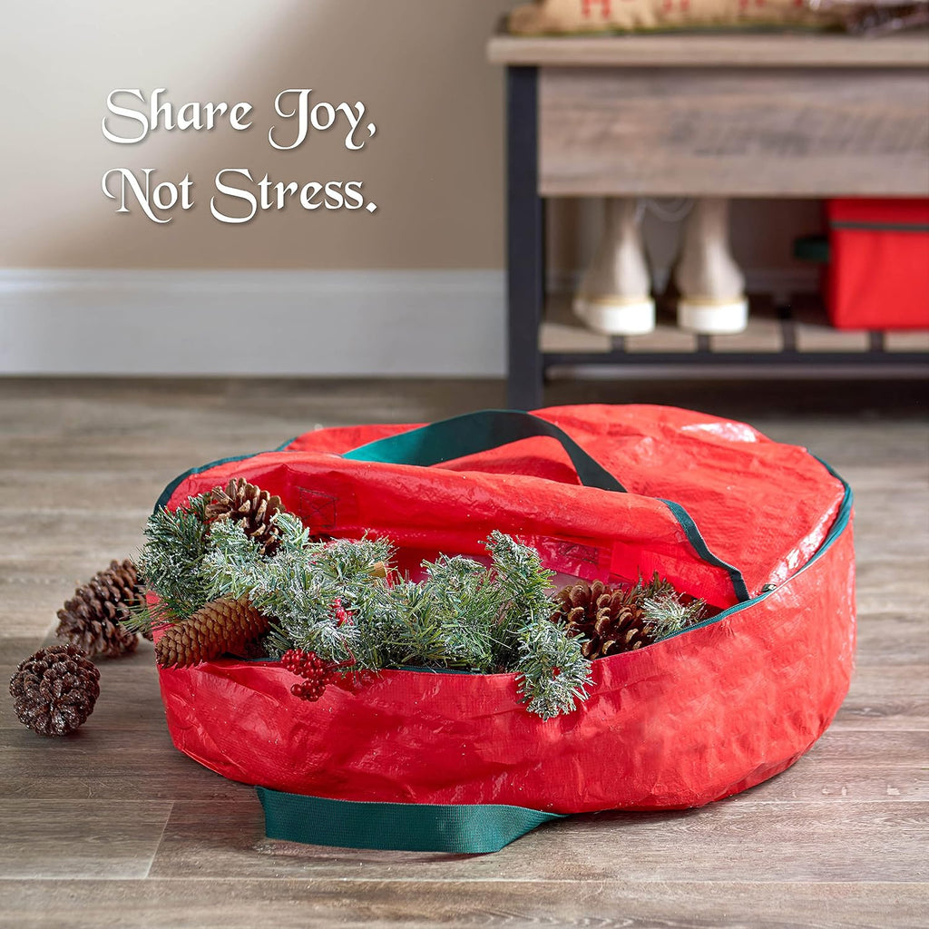 ZOBER Christmas Wreath Storage Container 36 Inch - Wreath Bag for Artificial Wreaths Box - Dual Zippered Wreaths Storage Bag with Strong Durable Handles - Red