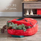 ZOBER Christmas Wreath Storage Container 36 Inch - Wreath Bag for Artificial Wreaths Box - Dual Zippered Wreaths Storage Bag with Strong Durable Handles - Red