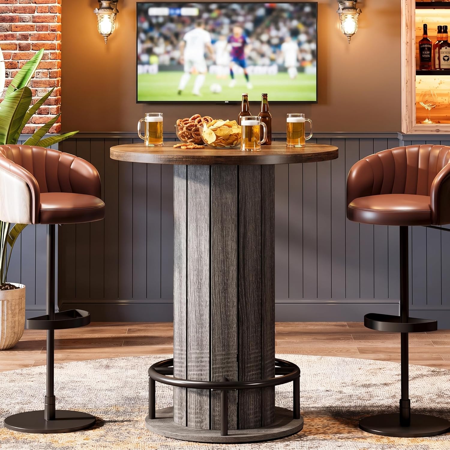 Tribesigns Round Bar Table, 39.4" H Wood Bistro Pub Table with Metal Ring Footrest for Dining Coffee Cocktail Living Room, Small Space, Brown & Gray (Only Table)