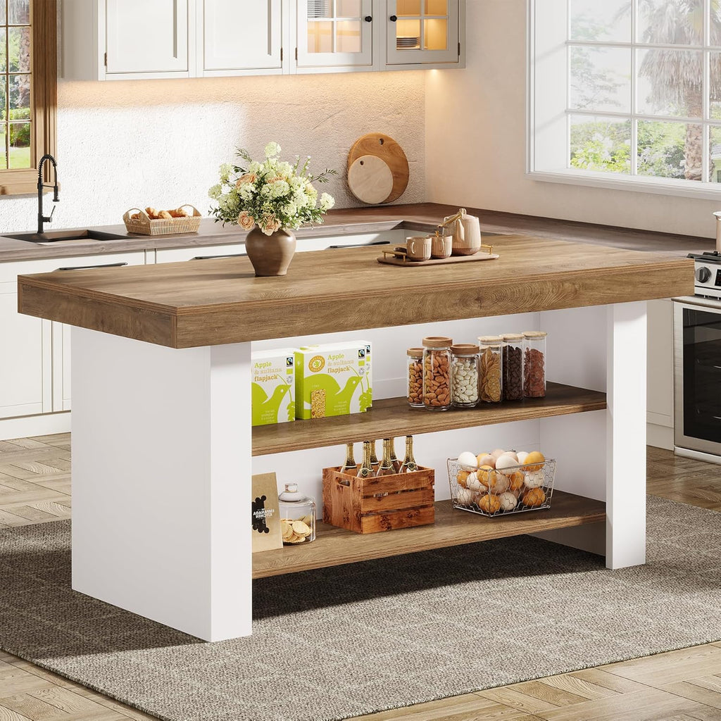 Tribesigns 55-Inch Kitchen Island with Storage, Farmhouse Center Island Table for Kitchen, Dining Room, Living Room (1, Brown and White)