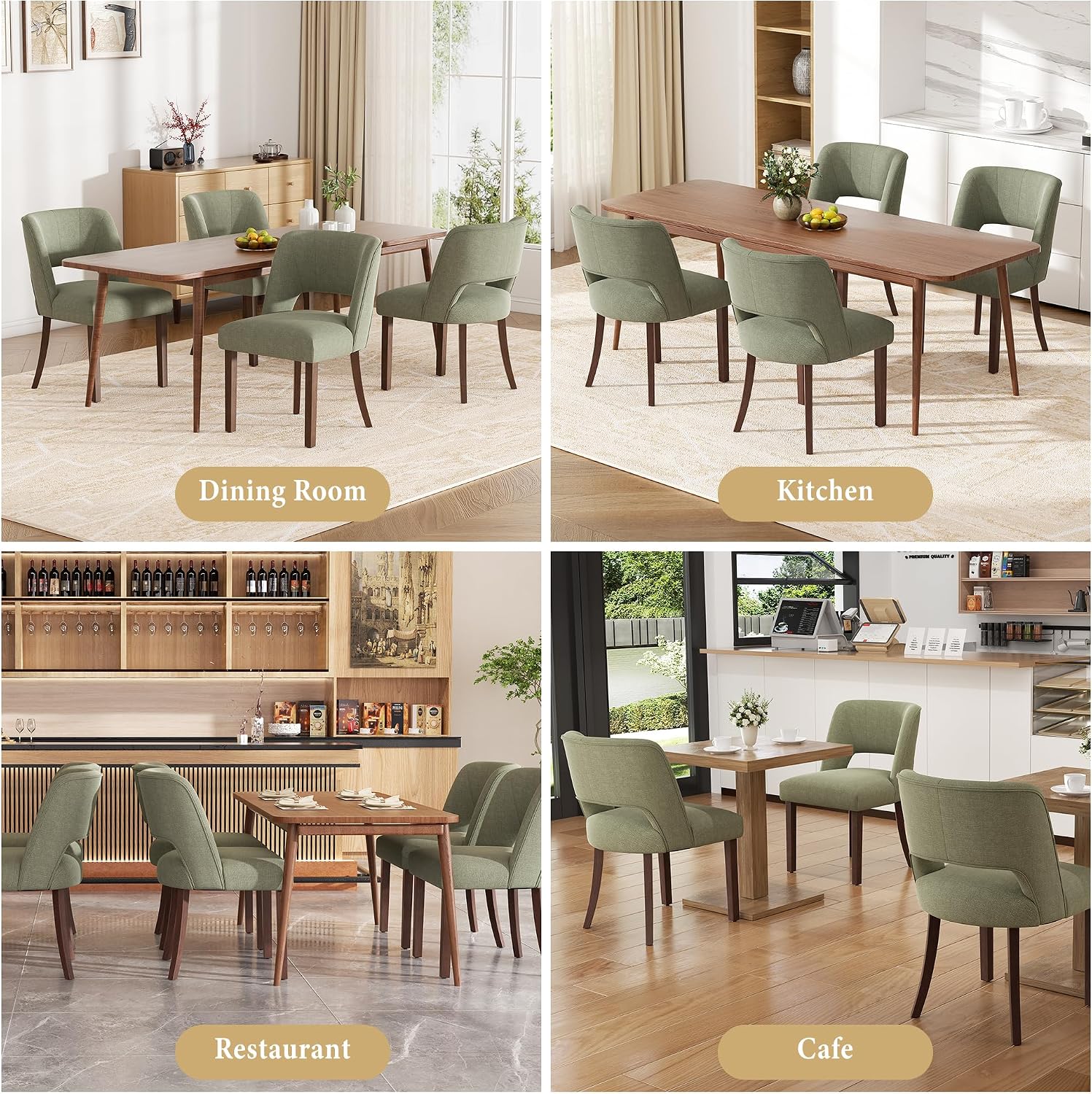 Dining Chairs Set of 6,Modern Dining Room Chairs with Thick Cushions,Linen Upholstered Kitchen Dining Chairs with Wood Legs for Kitchen Dining Room Living Room,Green