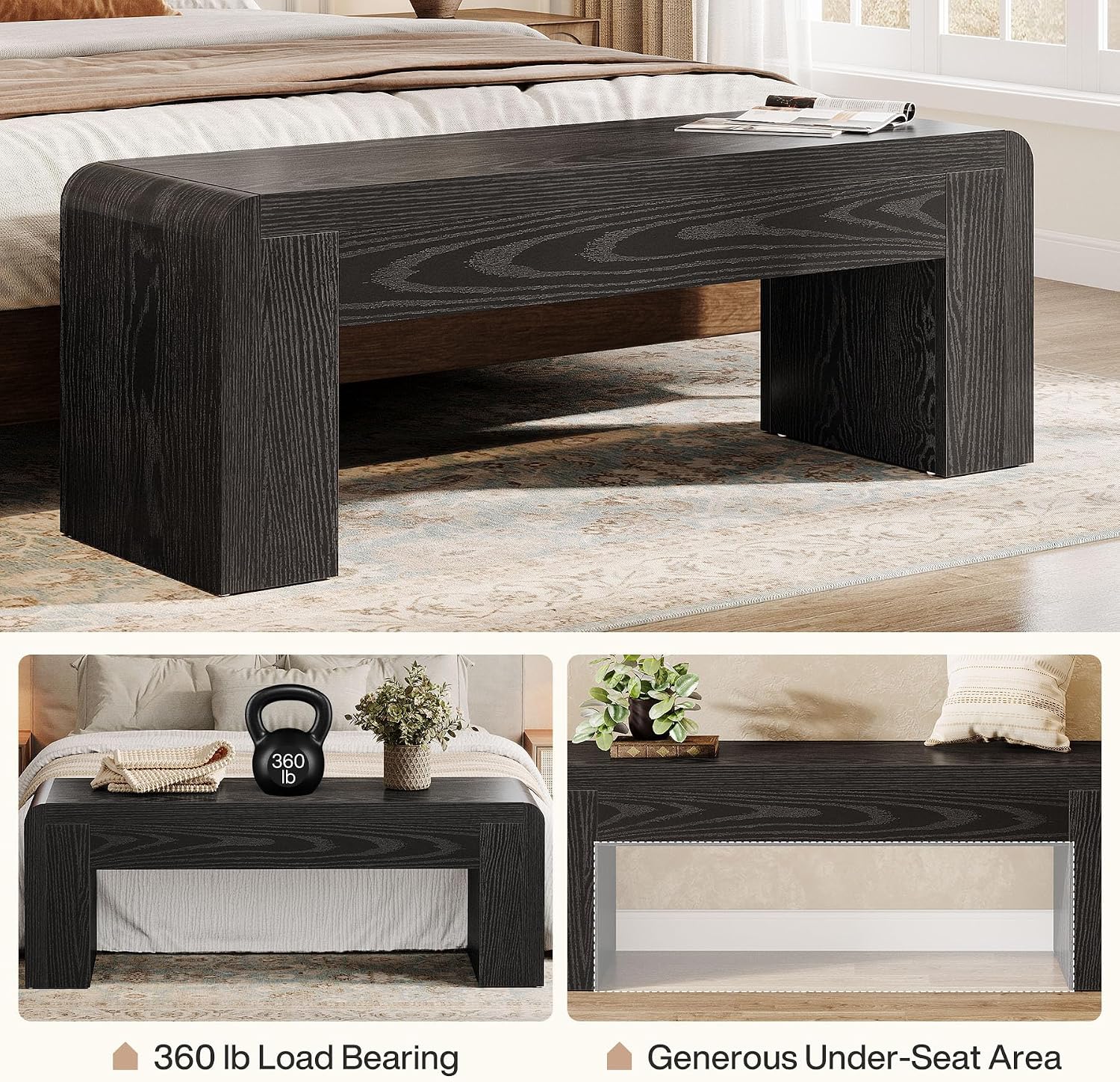 Tribesigns Entry Bench, 48" Thickened Rustic Farmhouse Bench for Bedroom End of Bed with 5.9" Solid Legs, Small Indoor Wooden Bench for Entryway, Dining Table, End of Bed, Black