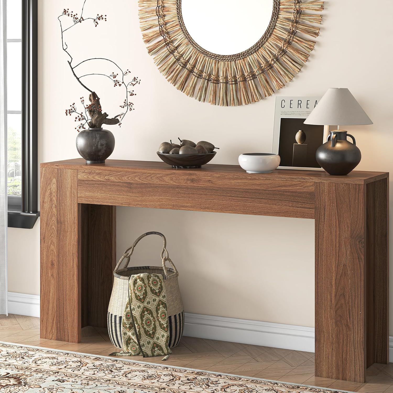 knoworld 63-Inch Long Console Table with LED Light, Farmhouse Sofa Table Behind Couch, Wooden Console Table for Entryway Hallway Entrance Living Room, Brown