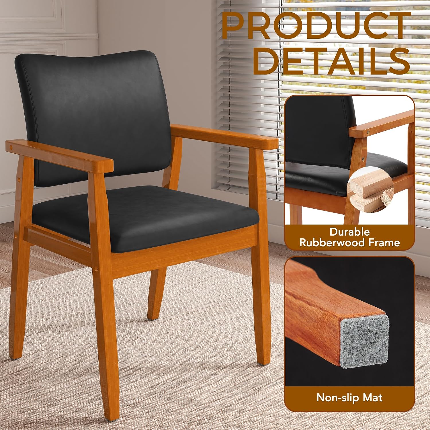 Dining Chairs with Arms Set of 4, Wood Frame Faux Leather Kitchen Chairs, Comfortable Upholstered Accent Chairs for Kitchen, Dining Room,and Living Room(Black)