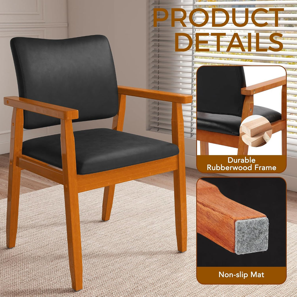 Dining Chairs with Arms Set of 4, Wood Frame Faux Leather Kitchen Chairs, Comfortable Upholstered Accent Chairs for Kitchen, Dining Room,and Living Room(Black)