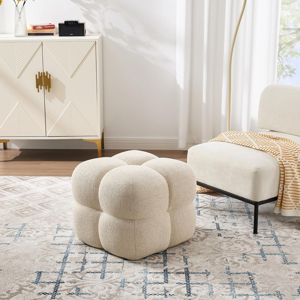 Zesthouse Square Pouf Ottomans Set of 2, Modern Backless Vanity Chair for Bedroom, Beige Linen Foot Rest for Couch, Upholstered Tufted Footstool, Poofy Fabric Ottoman Coffee Table for Living Room