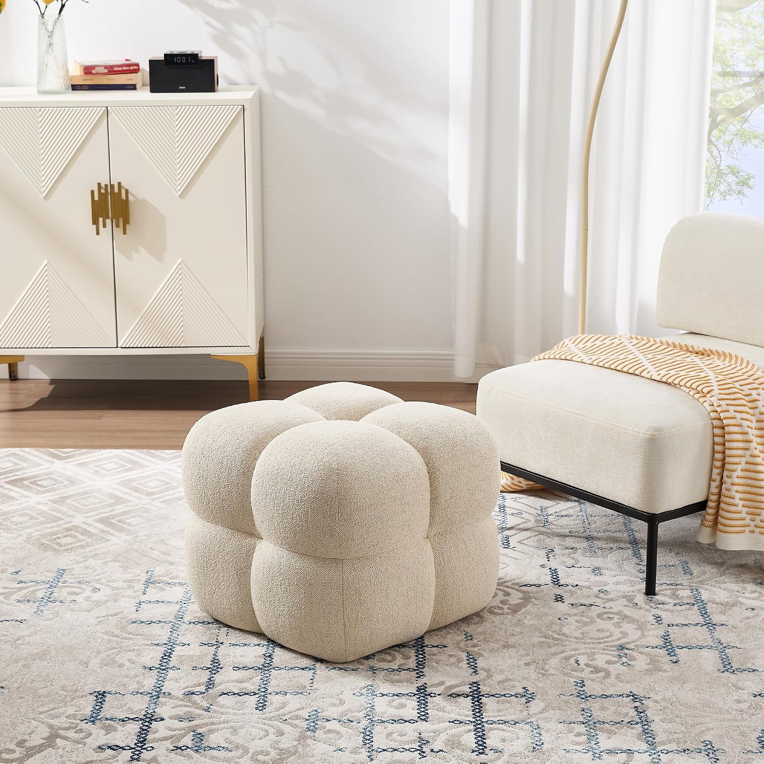 Zesthouse Square Pouf Ottomans Set of 2, Modern Backless Vanity Chair for Bedroom, Beige Linen Foot Rest for Couch, Upholstered Tufted Footstool, Poofy Fabric Ottoman Coffee Table for Living Room