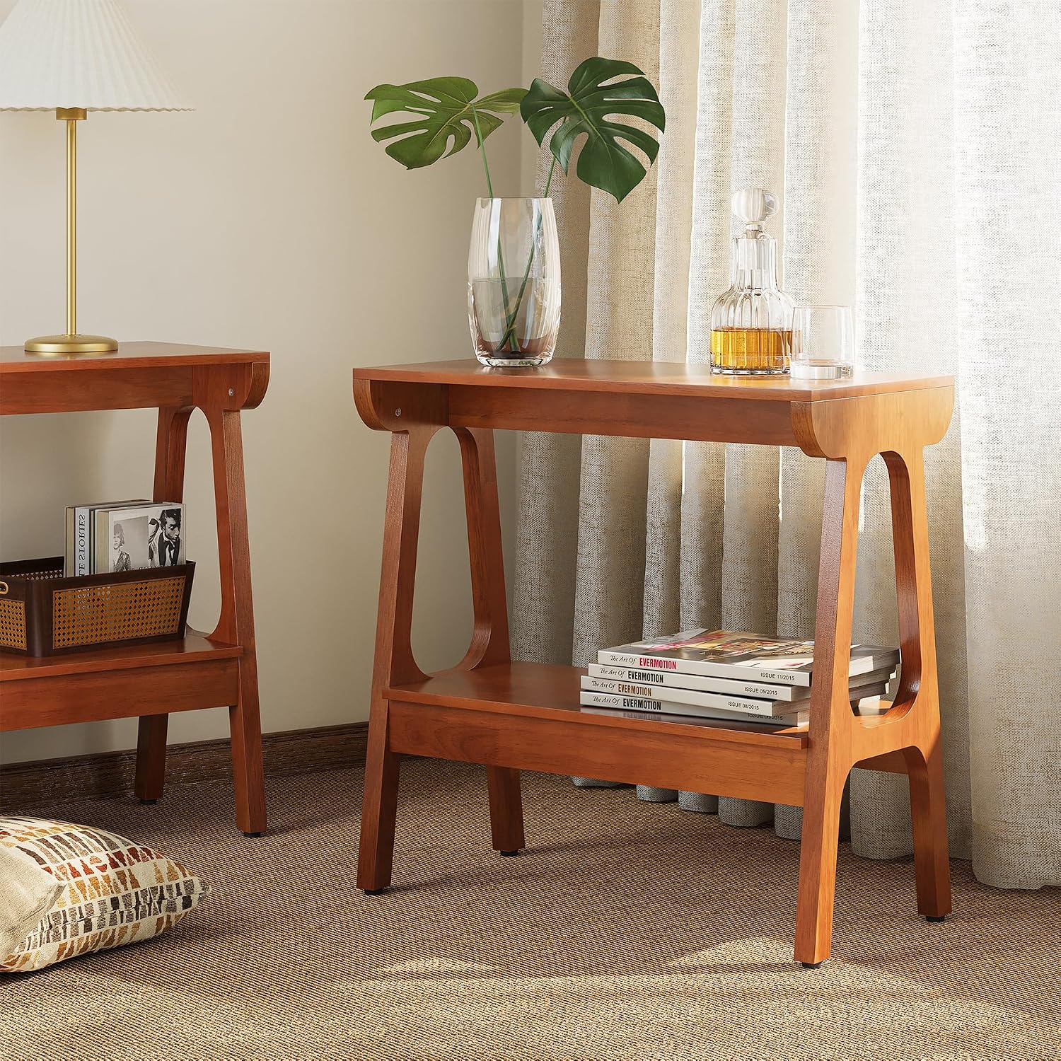 LITTLE TREE Solid Wood End Table with Storage Shelf, Narrow 2-Tier Side Table for Small Spaces, Tall Nightstand for Living Room, Dark Brown