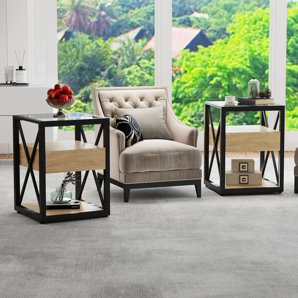 Set of 2 Modern Industrial End Tables with Drawer - Nightstands with Tempered Glass Top, Natural Wood MDF & Black Metal X-Frame Side Tables for Bedroom & Living Room, 3-Tier Storage