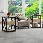 Set of 2 Modern Industrial End Tables with Drawer - Nightstands with Tempered Glass Top, Natural Wood MDF & Black Metal X-Frame Side Tables for Bedroom & Living Room, 3-Tier Storage
