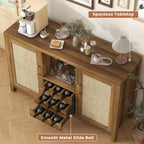 Rattan Wine Bar Cabinet, Boho Rattan Home Bar with Glass Holder and Drawer Style Racks, Oak Sideboard Buffet Storage Cabinet for Living Dining Room Kitchen (Caramel Oak)