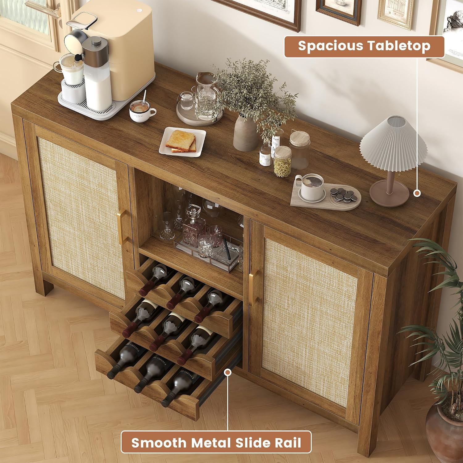 Rattan Wine Bar Cabinet, Boho Rattan Home Bar with Glass Holder and Drawer Style Racks, Oak Sideboard Buffet Storage Cabinet for Living Dining Room Kitchen (Caramel Oak)