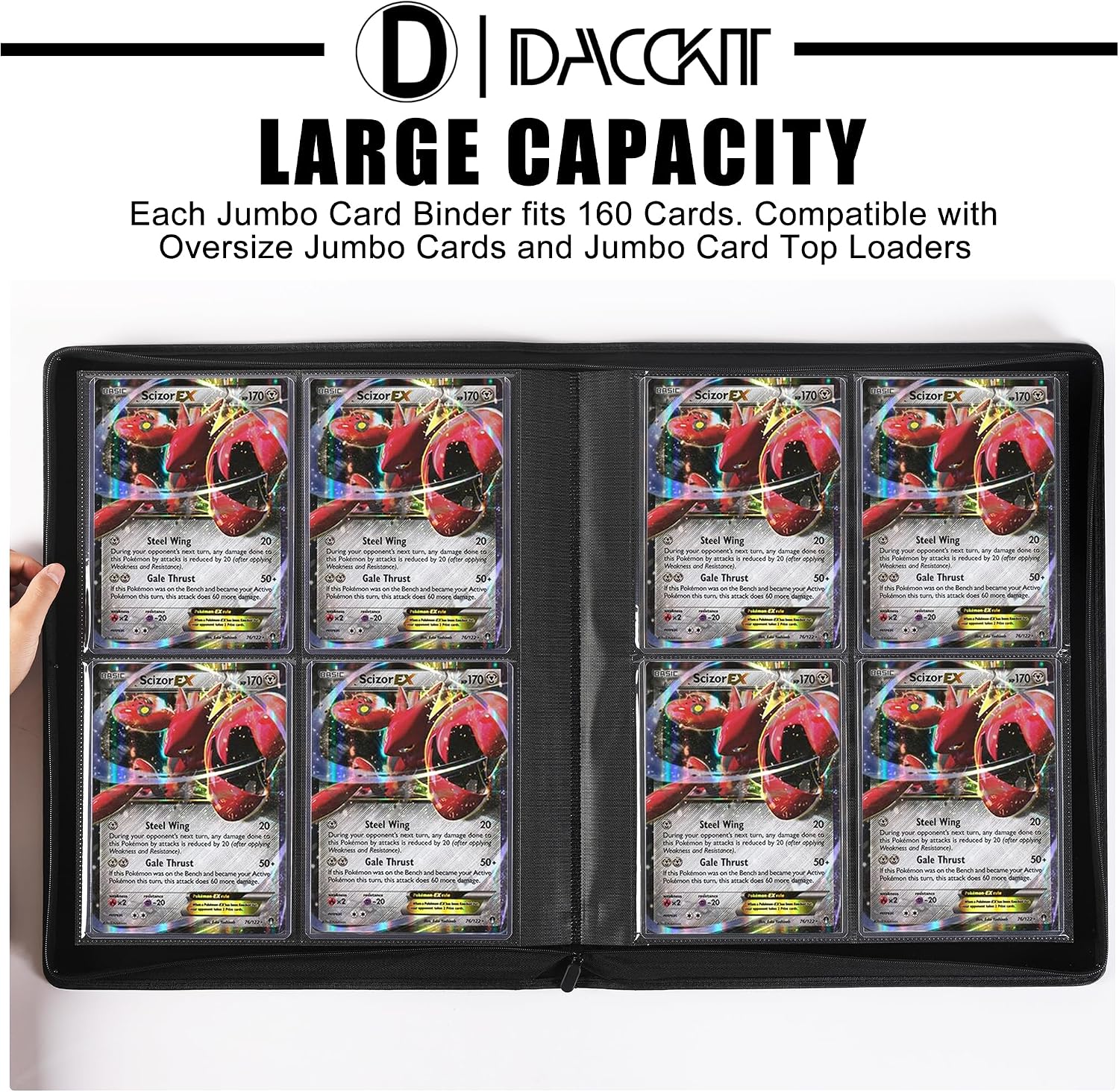 D DACCKIT Binder for Jumbo Card Sleeves and Top Loader，Fits 160 Cards - Premium 4 Pocket Large Card Binder Compatible with 6X9" Top Loaders（Model J4P160，Classic Black）