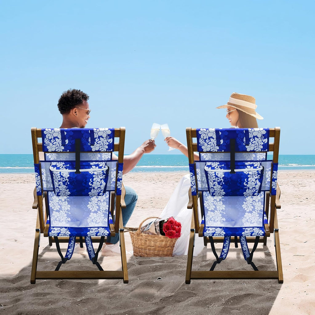 Melino Wooden Folding Outdoor Chair – 3-Position Reclining Beach Sling w/ Pillow, Zipper Pouch, Carry Strap – Acacia Wood Frame for Patio, Lawn, Garden, Pool 225 lbs Support - Portable Lounge, Floral