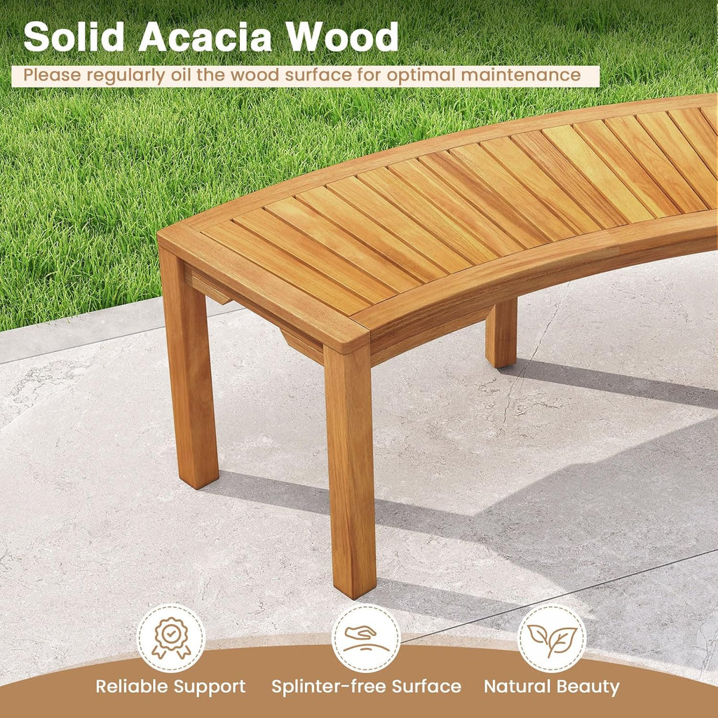 RELAX4LIFE Wooden Outdoor Curved Bench - Acacia Wood Garden Bench w/Slatted Seat, 2-Person Outside Backless Seating for Porch Backyard Deck Park, 800 LBS Load Capacity, Patio Fire Pit Bench (1, 45'')