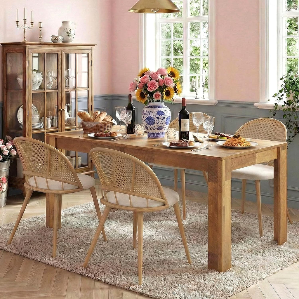 STHOUYN Farmhouse Wood Dining Room Table Set with 4 Upholstered Chairs, Rectangular Kitchen Table and Chairs Set of 6, 4 Seater Restaurant (71" Brown Table + 4 White Chairs)