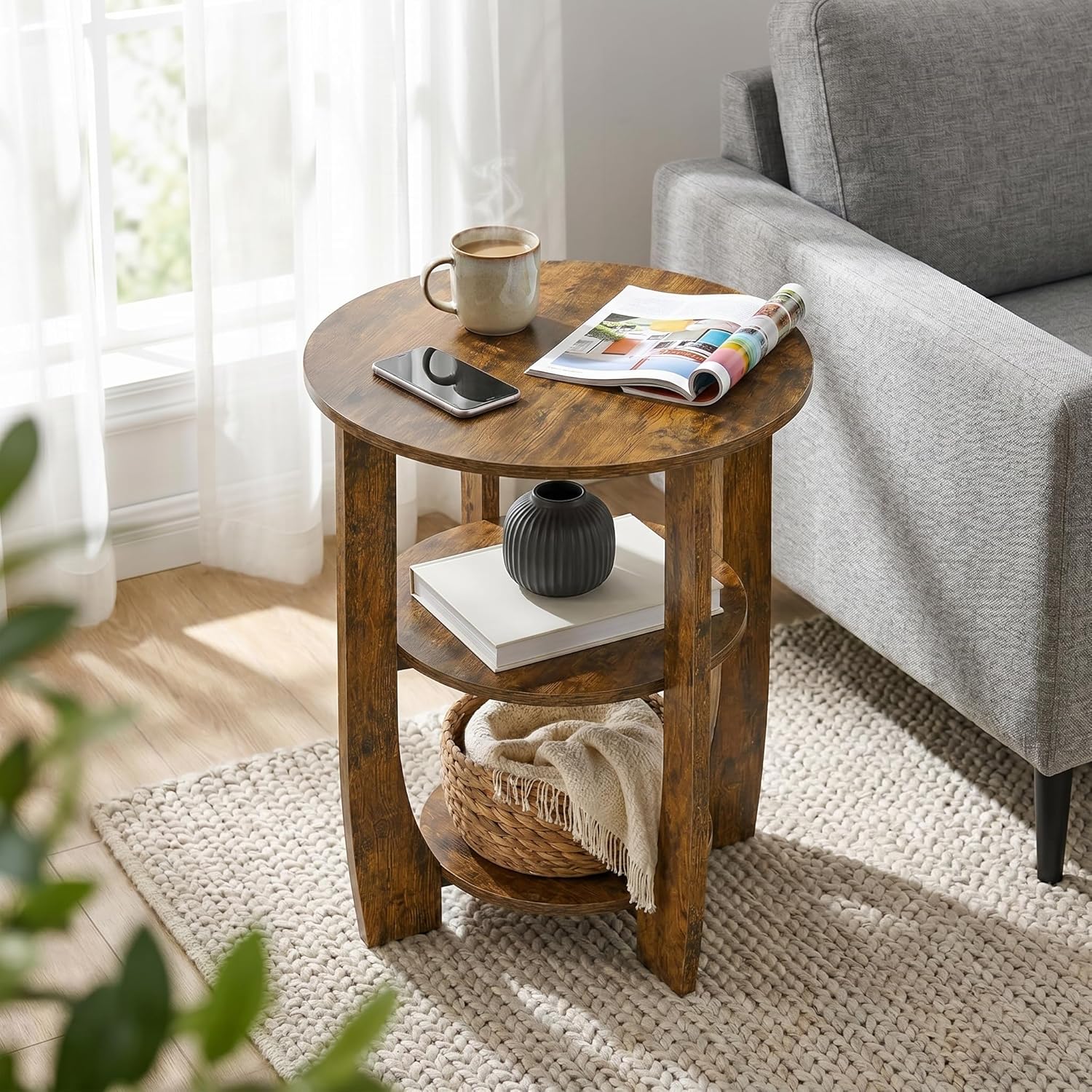 Round Side Table, 3-Tier End Table with Storage, 19.7 inch Rustic Brown Accent Table,Nightstand for Bedroom Living Room, Vintage Design for Couch, Sofa, Recliner, Small Space