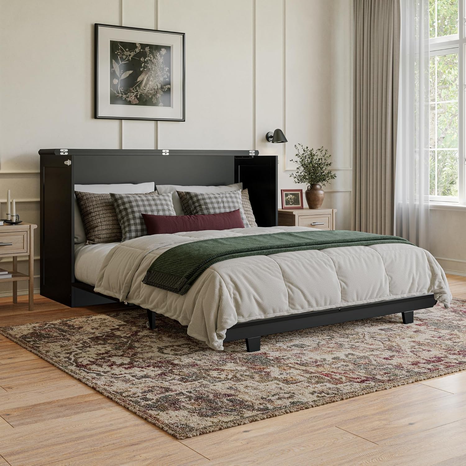 AFI, Charleston Queen Wood Murphy Bed Chest with 6" Mattress, Black