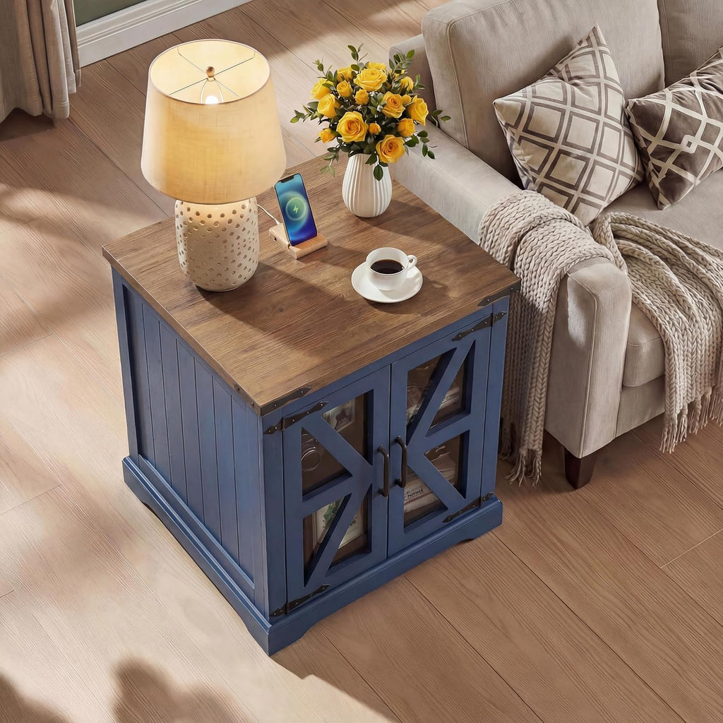 Farmhouse End Table, 24" Large End Tables with Storage, Rustic Square Sofa Beside Table with Glass Barn Door, Wood Side Table Square Nightstand for Living Room, Bedroom, Office (Misty Blue)
