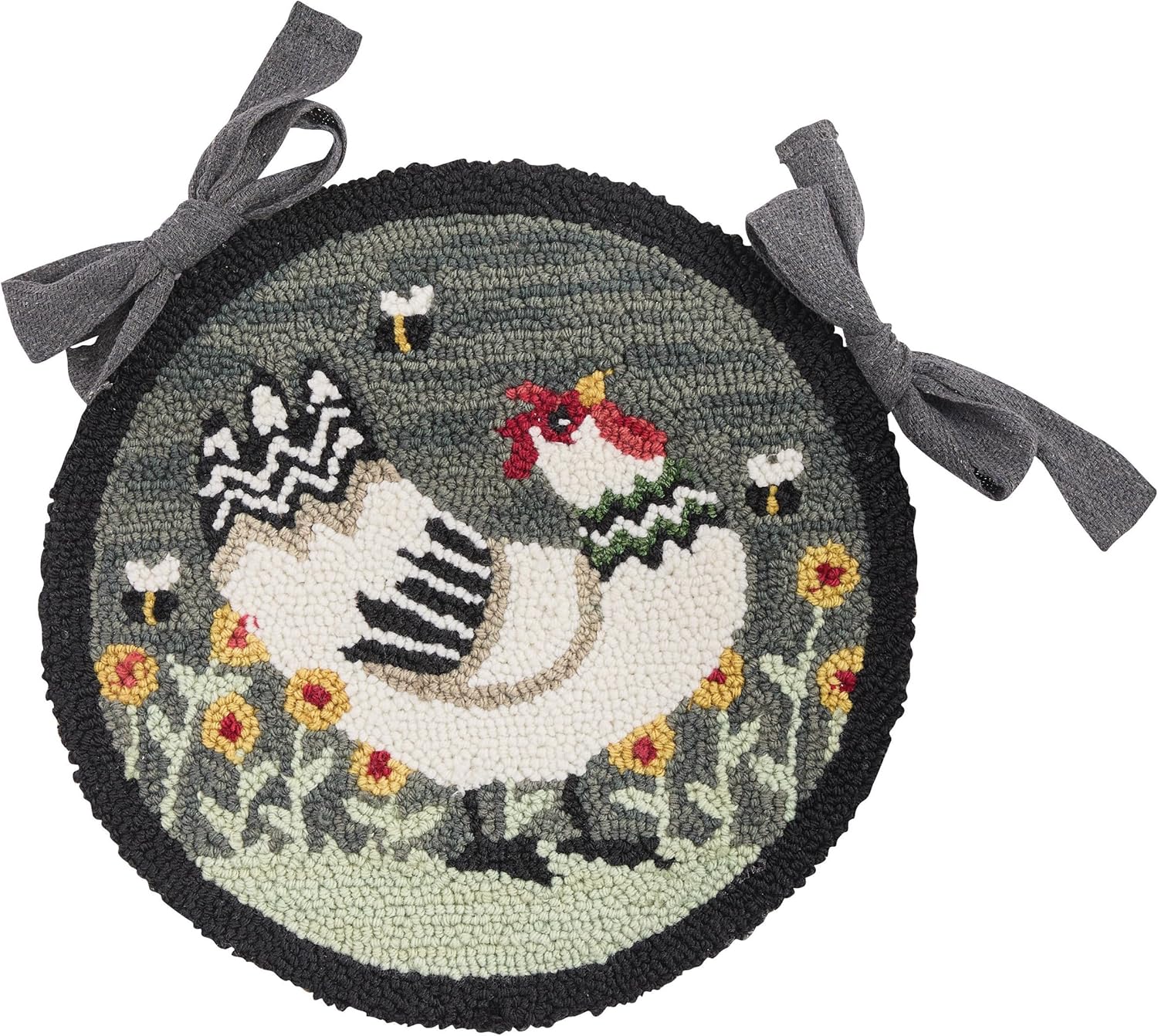 Park Designs My Little White Hen Hooked Chair Pad, Woven Farmhouse Style Seat Cover, Garden Farm Animal Print Seat Accessory