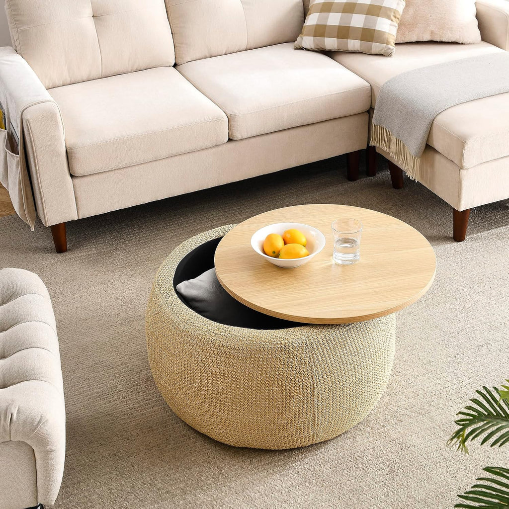 Modern Round Storage Ottoman with Wooden Top,Handmade Luxury Pleated Circle Fabric Storage Ottoman Coffee Table,End Table & Footstool for Living Room（Natural）