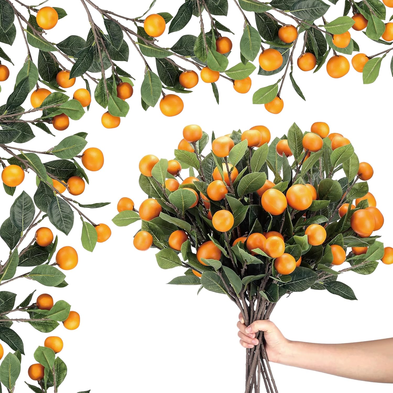 Daifunli 10 Pcs Artificial Tangerine Branches 25 Inch Realistic Faux Oranges Fruit with Green Leaves Simulation Orange Branch Decorative Kumquat Tangerine for Vase Home Party Decoration (6 Oranges)