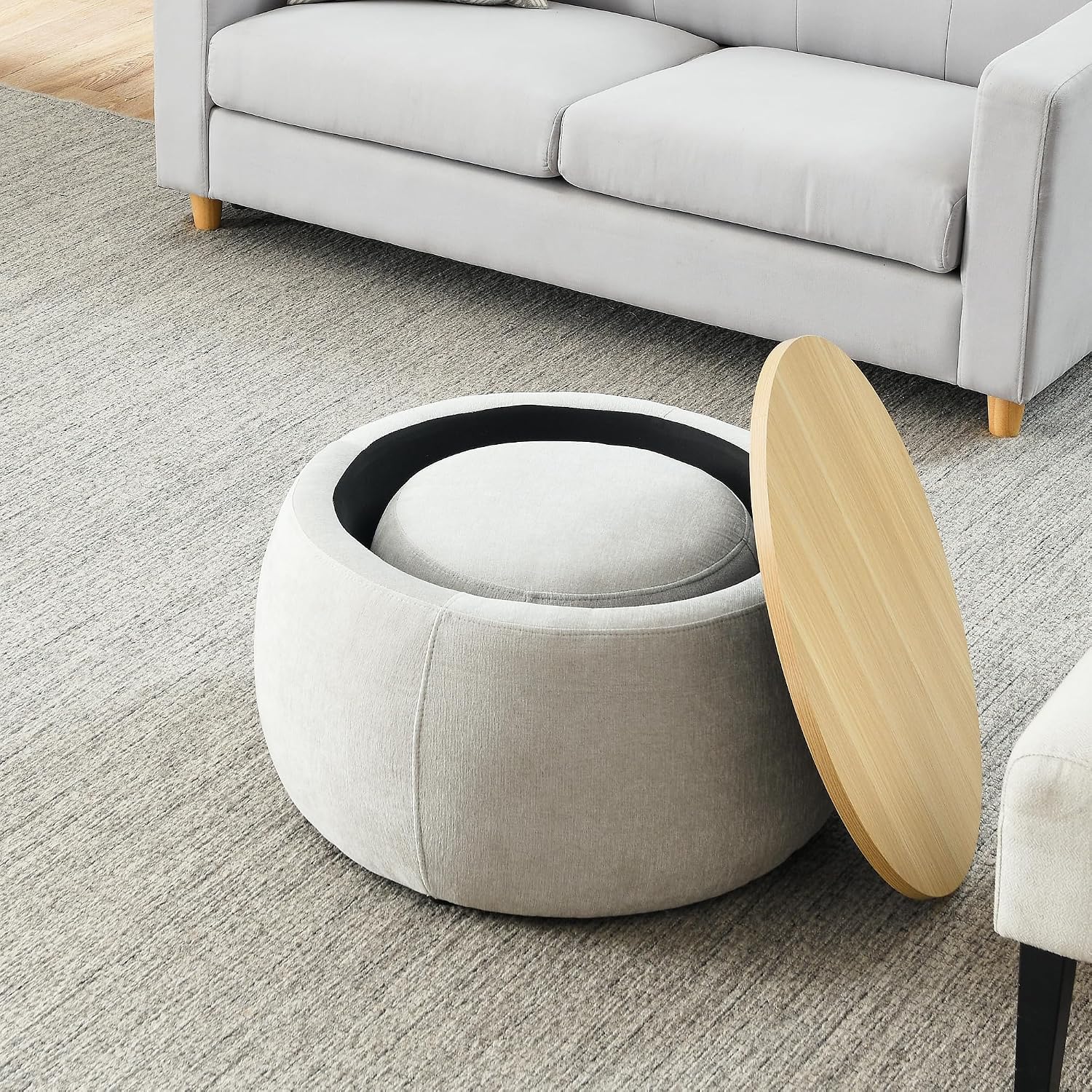 Ball & Cast Round Upholstered Storage-Ottoman Set with Wood Tray, Large Storage Coffee Table w/Footstool & Removable Lid, Dia 25" Padded Bench & End Side-Table for Living Bedroom, Light Grey