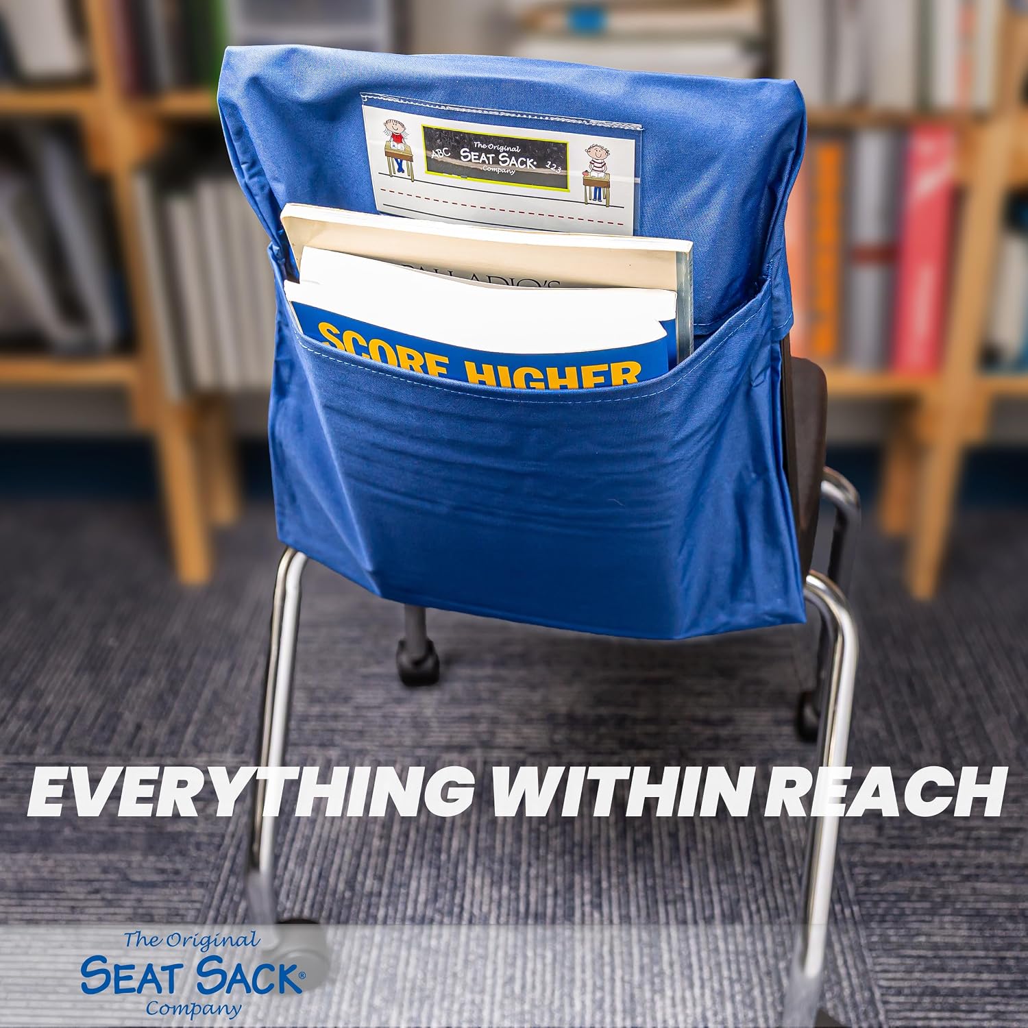 Seat Sack Student Chair Storage Pocket - 19", Single Pocket, Classroom Chair Organizer for Student Desks, Durable Over-the-Chair Storage, Ready-to-Use Name Tag Window, Blue, 1-Pack