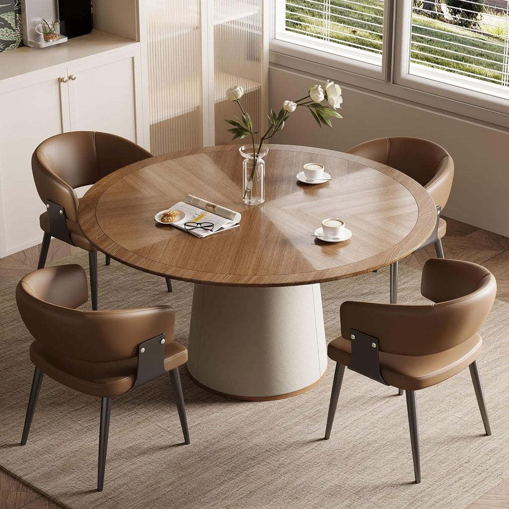 Round Faux Leather Base Dining Table for 4-6 People, Modern Wood Kitchen Table with Solid Veneer Top, Walnut, 59.05" (59.1 inches (Diameter) x 29.8 inches (Height))