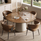 Round Faux Leather Base Dining Table for 4-6 People, Modern Wood Kitchen Table with Solid Veneer Top, Walnut, 59.05" (59.1 inches (Diameter) x 29.8 inches (Height))