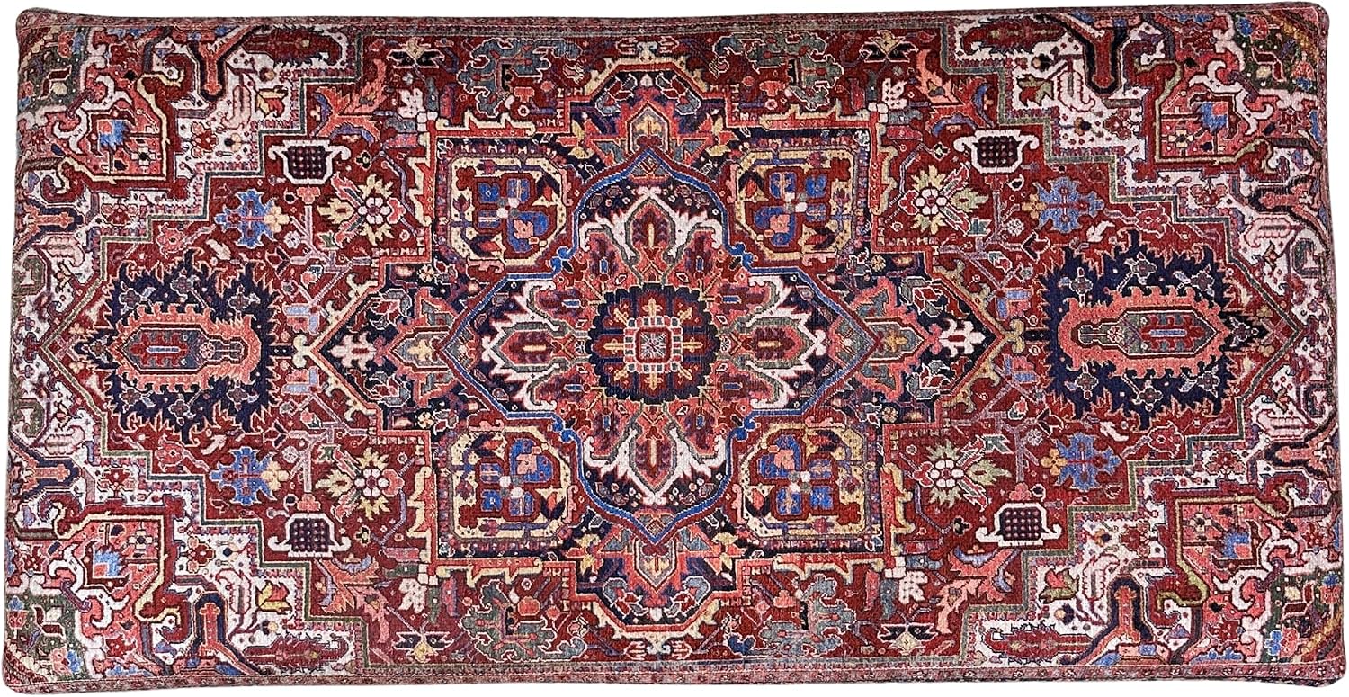 Boho Red Heriz Rug Upholstered Ottoman Bench, Piano Bench, Decorative Farmhouse Bench, Wood Bench, Entryway Footstool Ottoman Bench, Kitchen Dining Bench (18x18X36, Red Heriz)