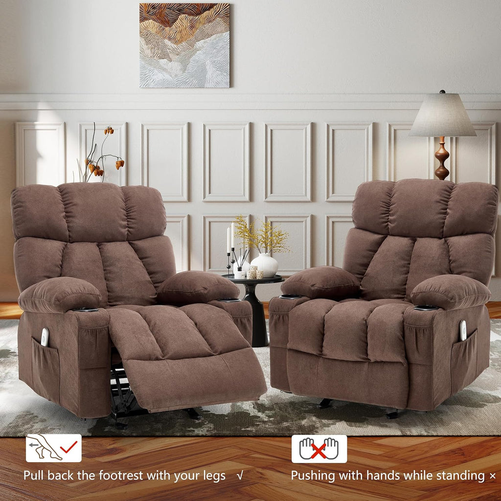 Massage Rocking Recliner Chair, Ergonomic Recliners Sofa with Vibration Massage & Heat, Rocking Chair Nursery Chair for Living Room Lounge with 4 Pockets, 2 Cup Holders, USB Charge Port, Brown