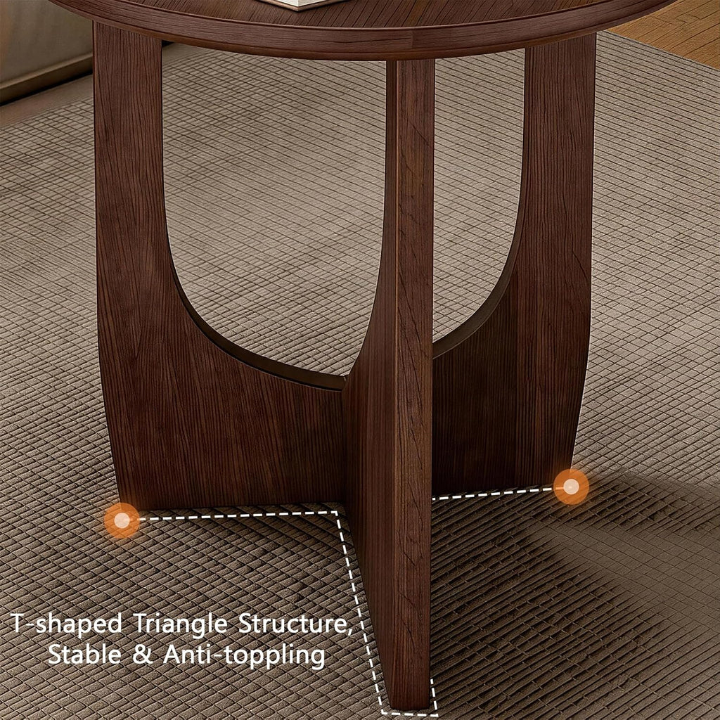 Mid-Century Modern Round Solid Wood Side Table for Living Room Bedroom, Walnut Round End Table Bedside Night Stand with Geometric Base, Wood Accent Table for Small Space, 20''Lx20''Wx20''H