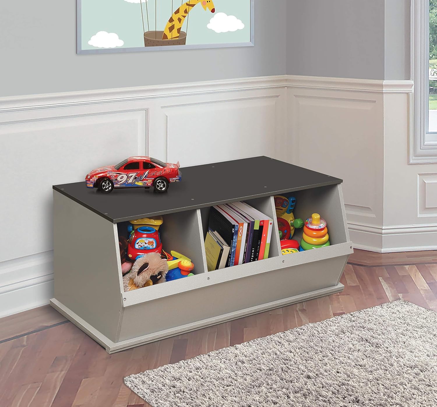 Badger Basket Three-Bin Stackable Storage Cubby – Woodgrain Gray, Expandable Storage with Top Display Shelf for Toys, Crafts & More