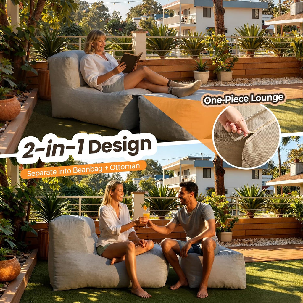 Outdoor Indoor Bean Bag Chair with Ottoman, 2-in-1 Lounge Beanbag with Filling, Water-Repellent Polyester Patio Sofa, Full-Body Ergonomic Support Floor Seating, Dark Gray